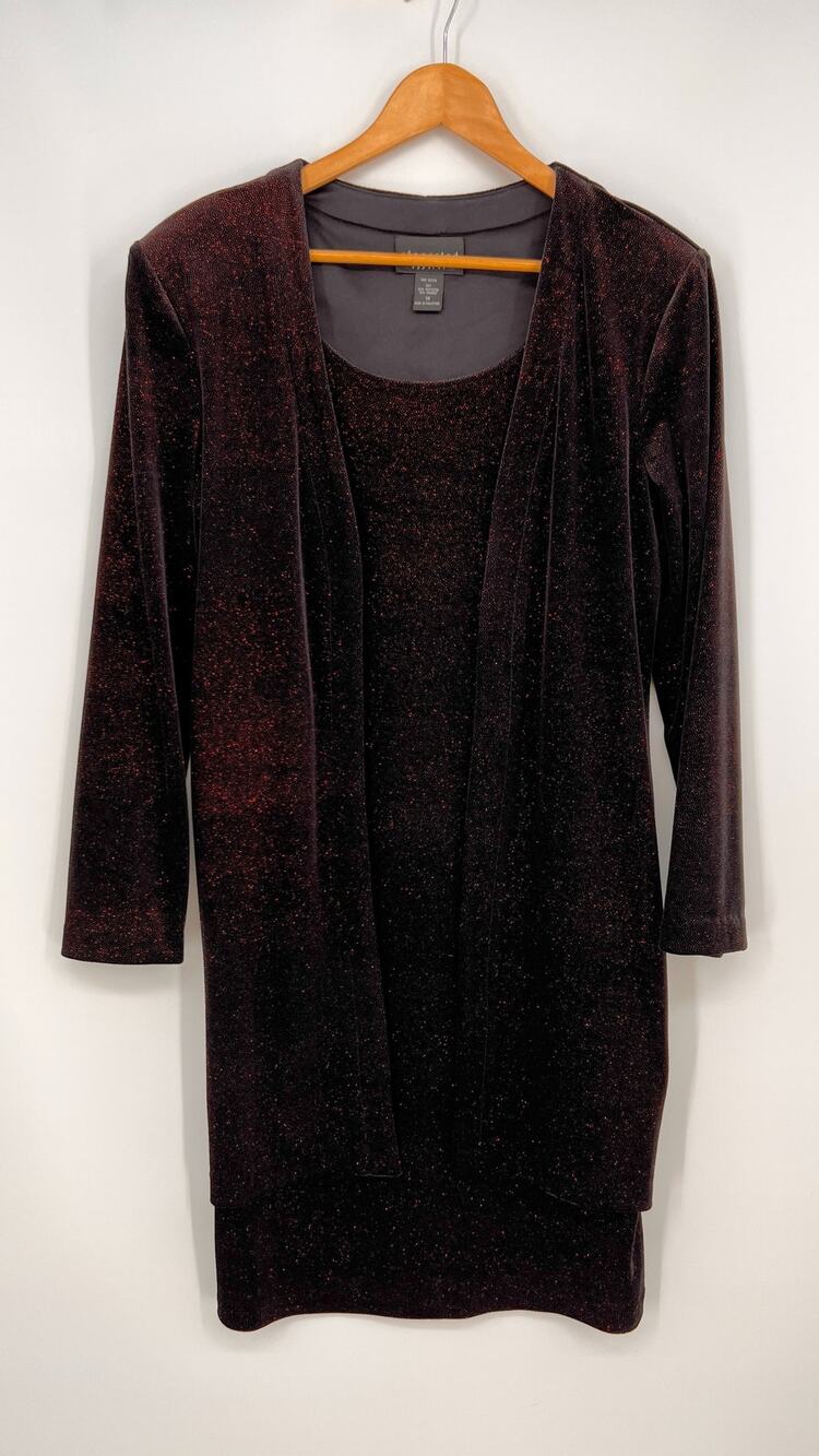 Vintage Connected Apparel Cardigan Dress Womens 12 Red Black Shimmery Metallic